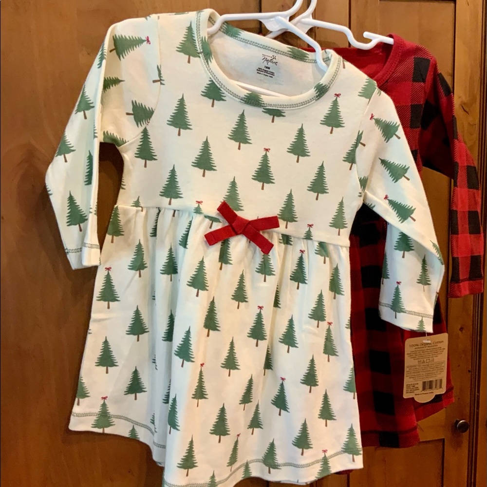 2 NWT holiday dresses 18M organic cotton.  Christmas Tree print & Buffalo Plaid